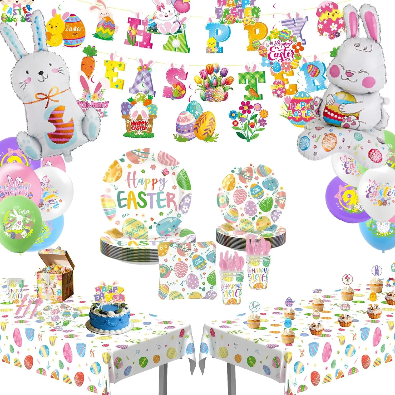 Colorful Vibrant Happy Easter Themed Party Supplies Set - Plastic, Multi-Size, Easy Setup, Includes Plates, Napkins, Cups, Tableware, Easter Banner, Hanging Swirls, Egg Tablecloth, Bunny Foil Balloons, Cake Topper, Colorful Balloons Assortment, 108"X54" T