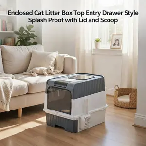 Enclosed Cat Litter Box Top Entry Drawer Style Splash Proof with Lid and Scoop stainless steel High-Sided Trash Can refill bag carbon filter