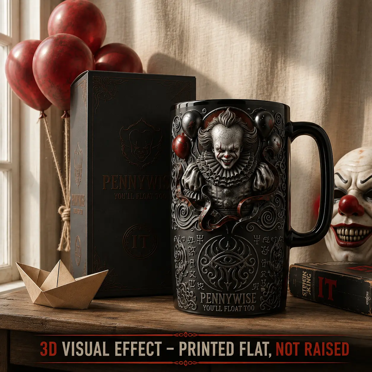 Pennywise IT Horror Movie 3D Effect Black Ceramic Mug 11oz 15oz – Faux Embossed Horror Coffee Cup, Halloween Printed Gift for Scary Movie Fans