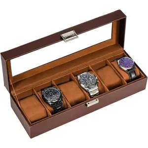 Watch Box for Men, 6 Slot Mens Watch Case, Watch Stor Watch Holder Organizer for Men, Watch Display Case With Gl Lid -6 Slot, Brown