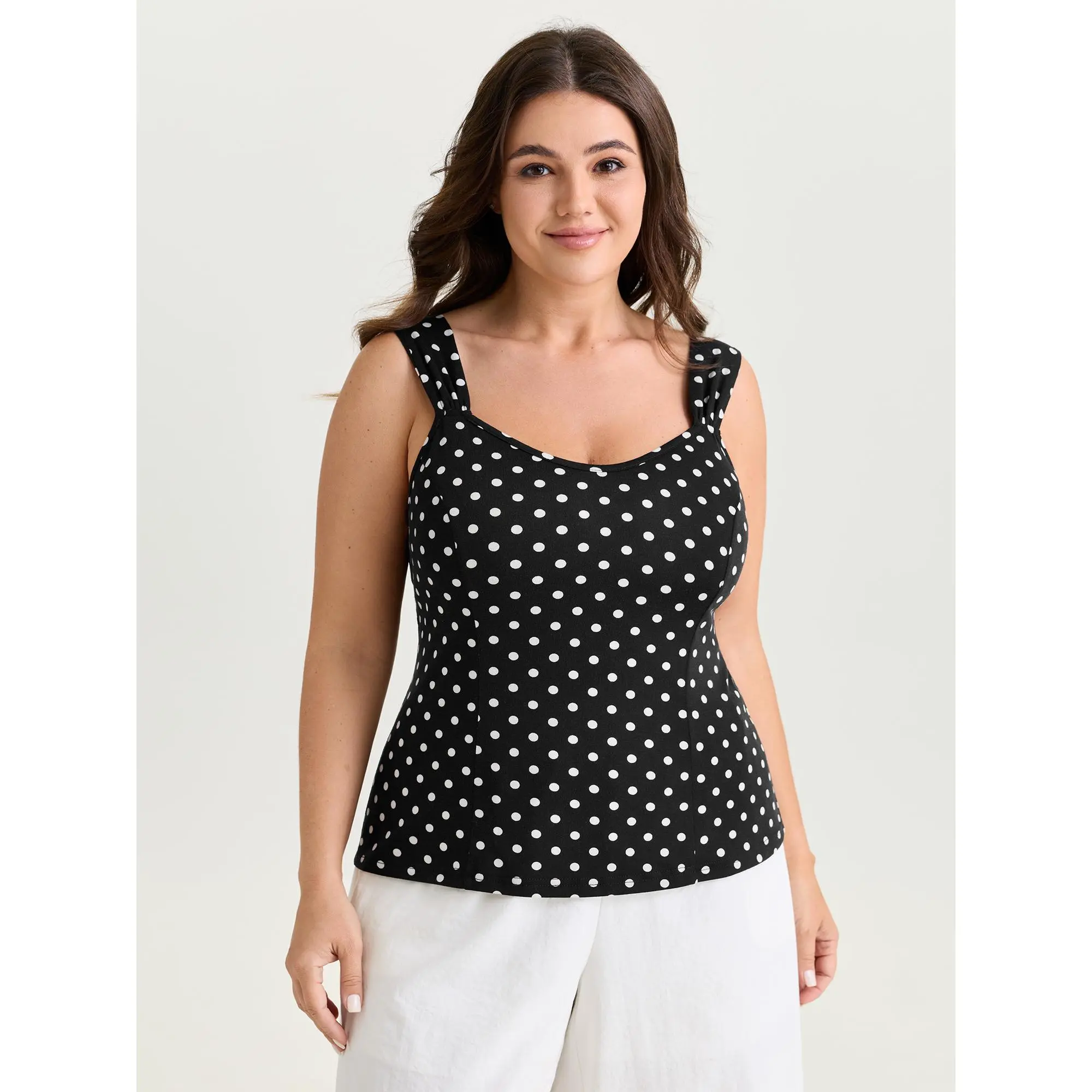 BloomChic Lady's Plus Size Fitted Spandex Fabric Tank Top - Women's Stretchy Sleeveless Casual Polka Dot Garment, Summer Tops for Women, Plussize, Polka Dot Style, Polka Dots