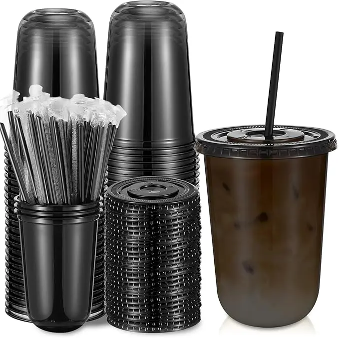 16oz 500ml Disposable Iced Coffee Cups 50/100 Set with Lids Straws Black Clear Round Bottom Cold Drink Cups for Slushie Smoothie Lemonade Party Supplies
