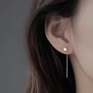 S999 Silver Pull Through Threader Earrings with Freshwater Pearl