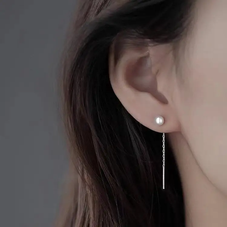 S999 Silver Pull Through Threader Earrings with Freshwater Pearl