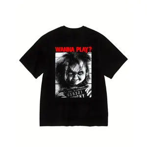 Men's Chucky Horror Movie Graphic T-Shirt  Black Casual Tee with "Wanna Play?"Print, Regular Fit Short Sleeve Shirt for Adult Fans Pop Culture Enthusiasts, Fan Merchandise Bold Print Shirt Durable Print Quality