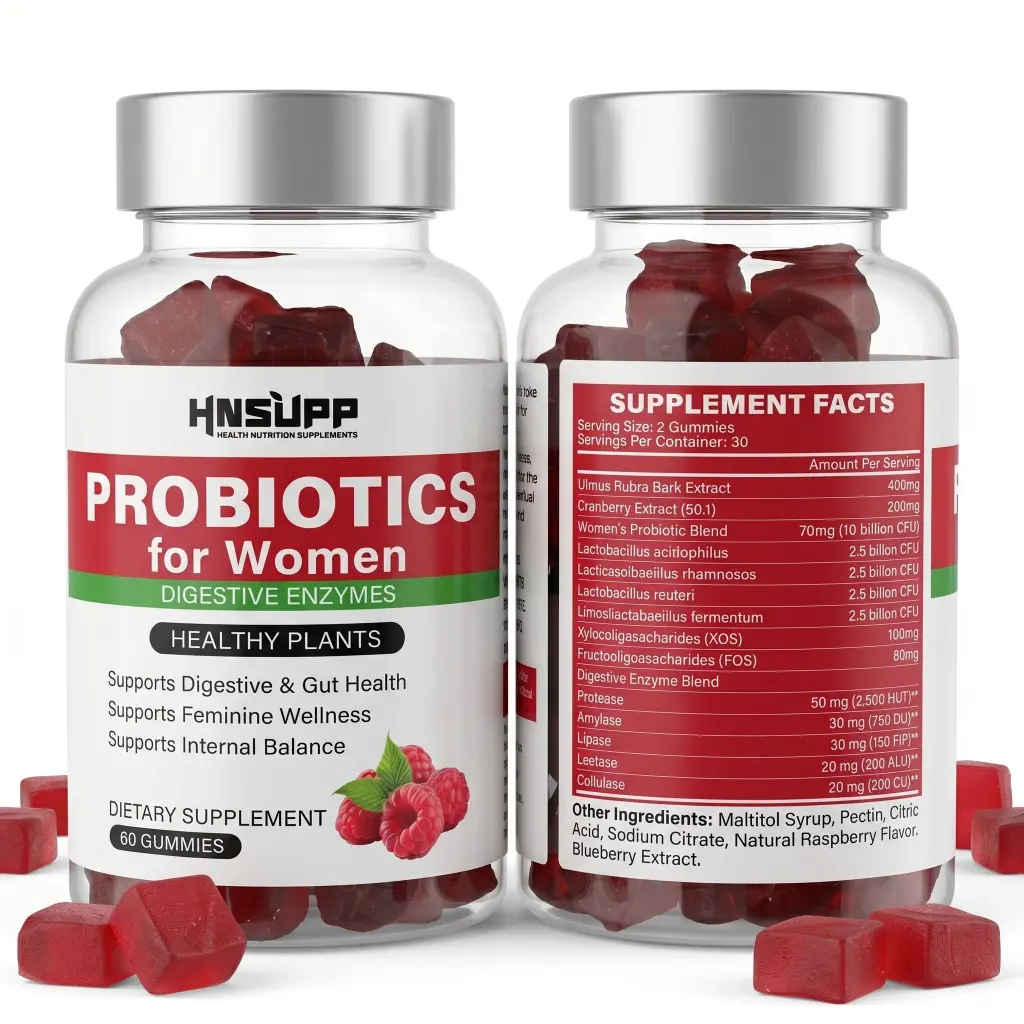 Raspberry Square Block Probiotic Gummies for Women, Chewable Supplements, Ease Bloating & Support Gut Balance, Natural Fruity Flavor
