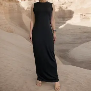 Muslim Women's Sleeveless Slip Inner Dress MS312# - Black Polyester Slim-Fitting Crew Neck Summer Modest Chic OL Style Minimalist Fashion