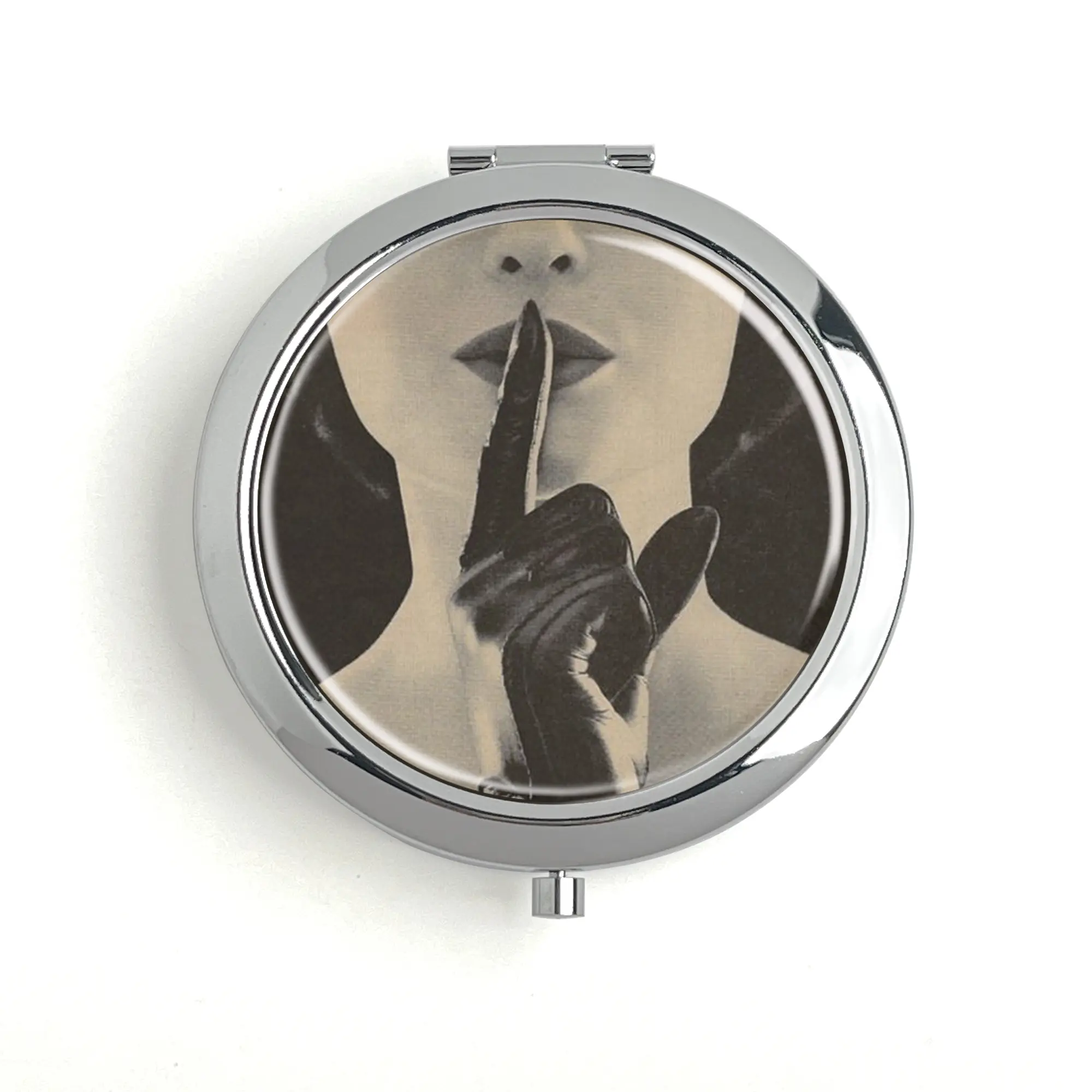 Vintage Whisper 1950's Glamour Whispering Pop Art Metal Pill Box Travel Pill Box Vitamin Organizer Built-in Makeup Mirror Unique Design Inner Diameter 60mm