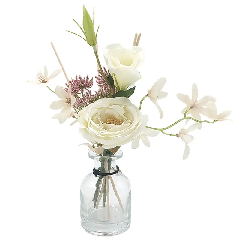 Modern 100ml Geometric Ceramic Scented Reed Diffuser Bottle - Floral Jasmine Lily Fragrance, Glycerol-Based Freshener with Incense Sticks, Dried Flowers for Bedroom Home Use