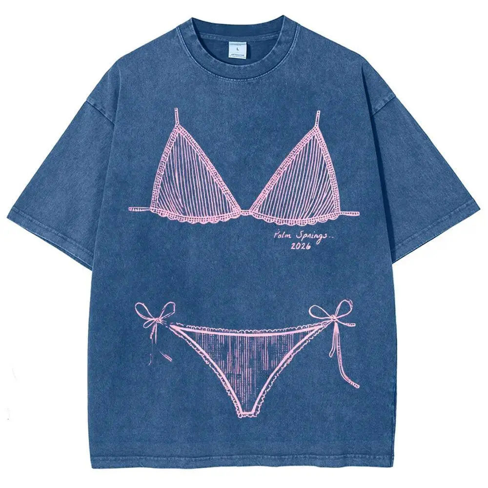 Women's Bikini Illusion Graphic Tee, Oversized Washed T Shirt, Y2K Coquette Funny Print Shirt, Cute Summer Casual Top, Vintage Short Sleeve Streetwear Fashion Tee for Women