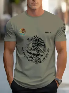 3D Digital Mexico Eagle and Snake Shield Graphic T-Shirt, All over Print Polyester Tee for All Seasons, Casual Fitted Short Sleeve Top for Travel & Fitness