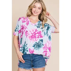 BOMBOM Floral V-Neck T-Shirt - Soft Short Sleeve Flower Print Tee - Spring/Summer Aesthetic