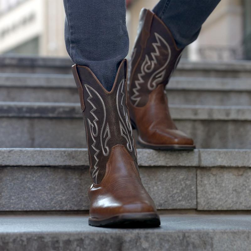 Cowboy Boots For Men with Wide Square Toe Western Retro Boot Durable Classic Fashionable Embroidered Pull On Slip Resistant Boots