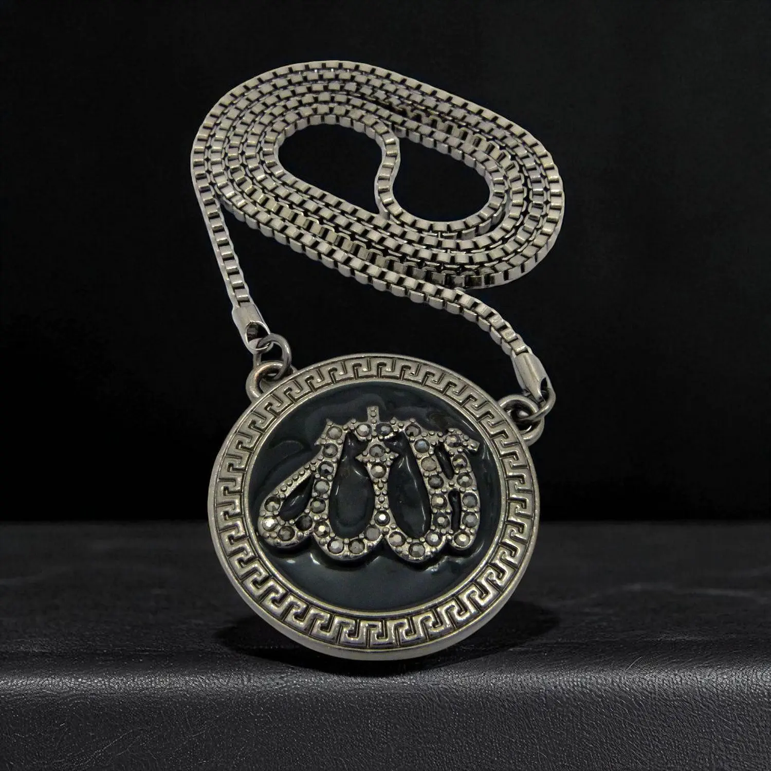 MaxBling81 Hip Hop Chain & Link Necklace with 1.75" x 1.75" Iced Out Allah Motif Pendant, Unisex Religious Style, Hematite Plated 30-Inch Box Chain, 1.75 Inches, Metal Coating