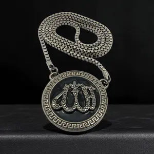 Men's Black Hematite ALLAH MUSLIM Medal CZ Religious Pendant & 3mm 30" Box Chain Hip Hop Necklace Jewelry