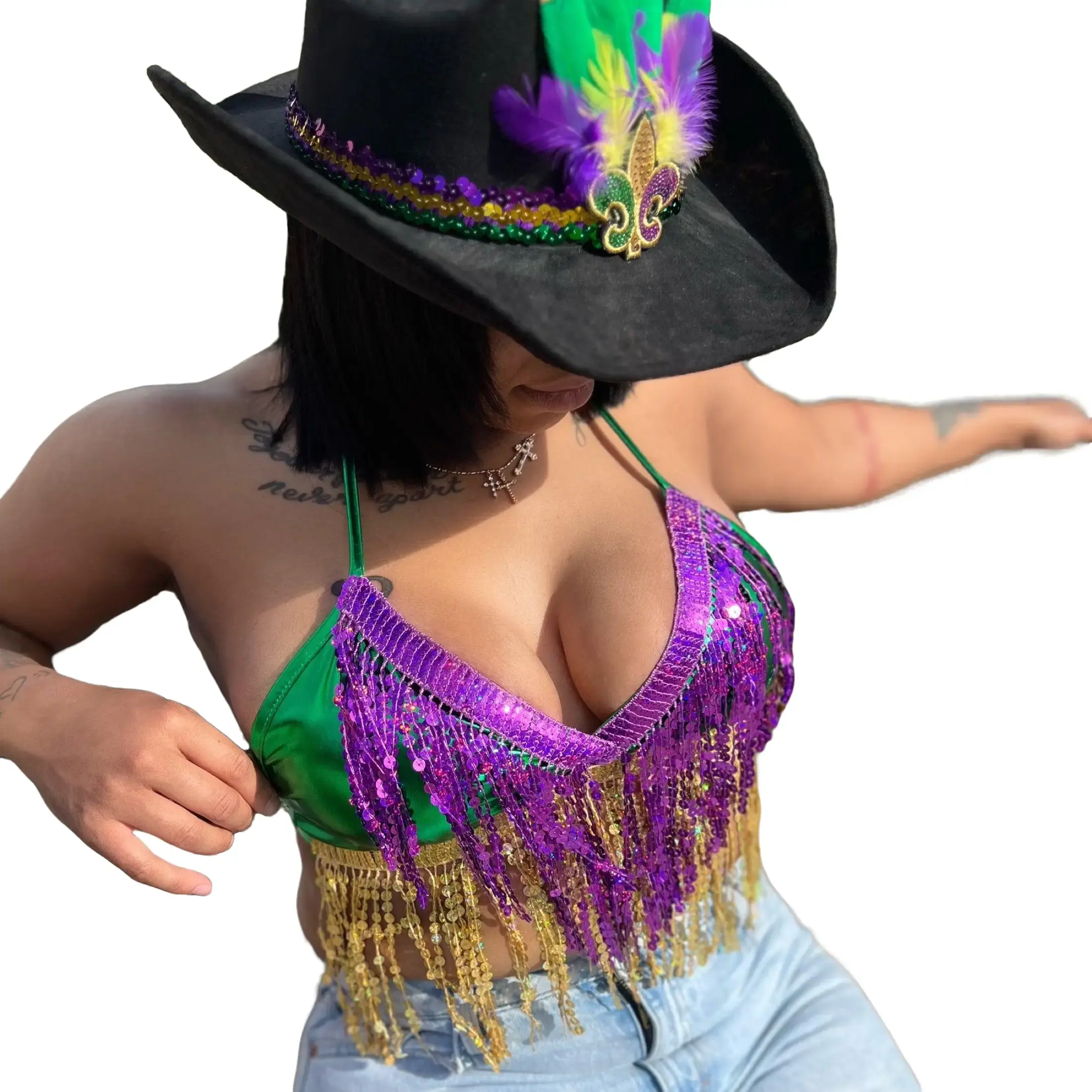 SEQUIN FRINGE HALTER TOP MARDI GRAS
