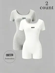 2-Piece Slim-Fit Romper Set, Womenswear Basic Y2K Style Short Sleeve, Plain Design, All-Season Wear, Colors, Letter Embroidery
