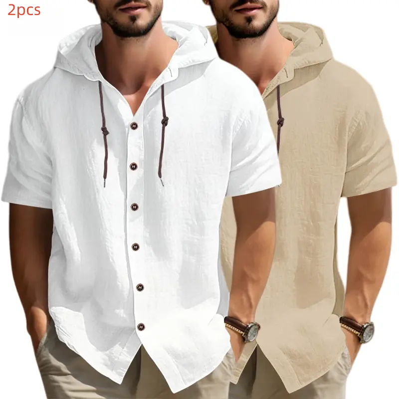Men's Casual Linen Blend Hooded Shirt, Stylish Plain Short Sleeve Button-Front Top with Breathable Fabric for Summer Beach, Outdoors