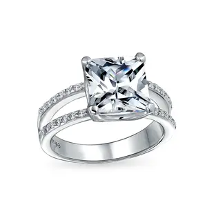 3CT Square Princess Cut CZ Engagement Ring Cubic Zirconia Split Shank Pave Band .925 Sterling Silver