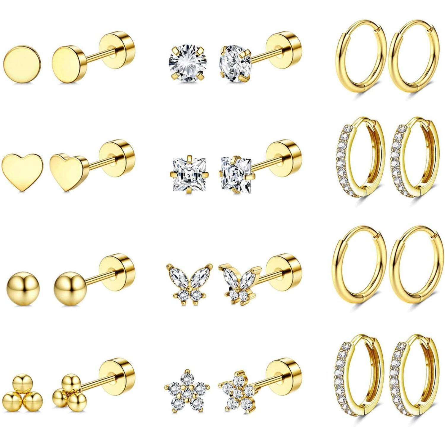 Jstyle 12 Pairs Hypoallergenic Surgical Steel Earrings for Sensitive Ears 14K Gold Plated Flat Back Earrings for Women M