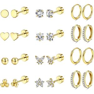 Jstyle 12 Pairs Hypoallergenic Surgical Steel Earrings for Sensitive Ears 14K Gold Plated Flat Back Earrings for Women Men Small Stainless Steel Earrings Flatback Stud Hoop Cartilage Earring Set for Multiple Piercing,summeroutfits,vacationoutfits,beachout