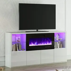 AMERLIFE Fireplace TV Stand for TVs up to 75", Modern High Gloss Entertainment Center with 40" Fireplace, 4 Shelves & Storage Cabinets