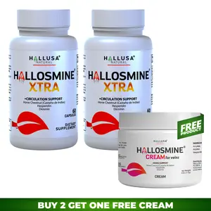 HALLOSMINE XTRA + FREE Hallosmine Cream – Circulation & Vein Support – Diosmin, Horse Chestnut & Hesperidin – 120 Capsules – Dietary Supplement Hallusa Natural