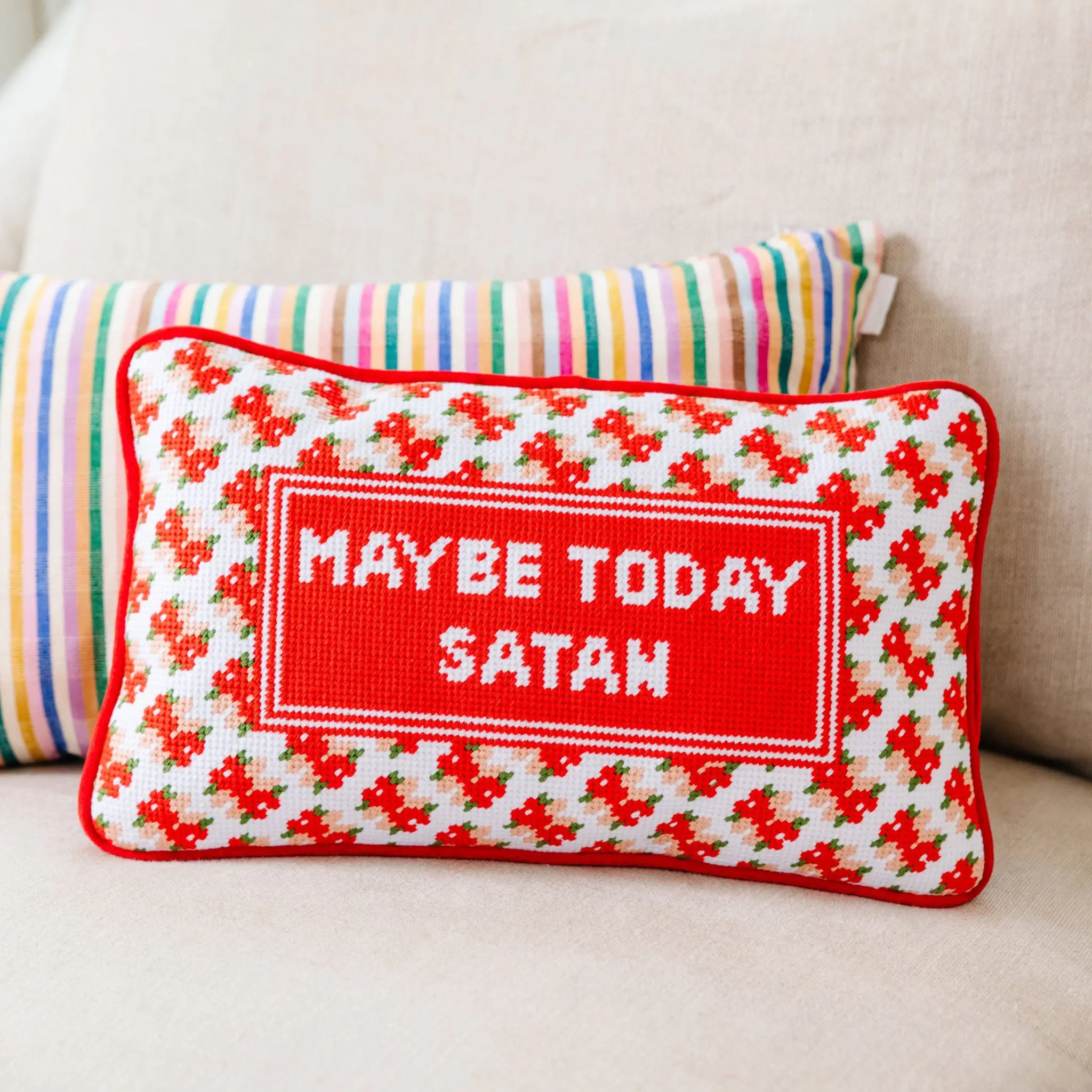 Embroidered Needlepoint Velvet Decorative Pillow - Humor-Themed "Maybe Today Satan" Design, Bold Stitching, Vibrant Patterns for Home Soft Furnishings