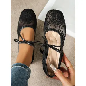 Elegant French fairy shoes, square toe ballet mesh flat shoes, Four Seasons women's fashion shoes, flat shoes for women
