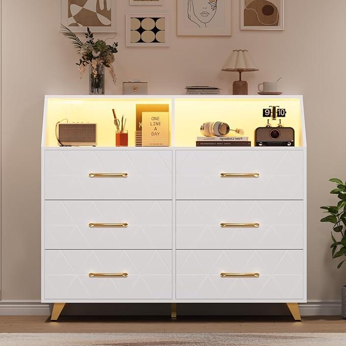 6 Drawer Dresser with LED Lights & Charging Station, Wooden Black Dresser for Bedroom, Modern TV Stand Dressers & Chests Of Drawers for Closet, Hallway, Entryway