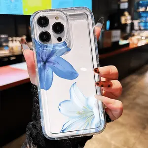 Blue Clematis Flower Print Transparent Full Coverage Protective Tpu Phone Case, Accessories, Christmas Gift for Friends Family Boyfriend Girlfriend Compatible with Various Iphones, Protection Durable