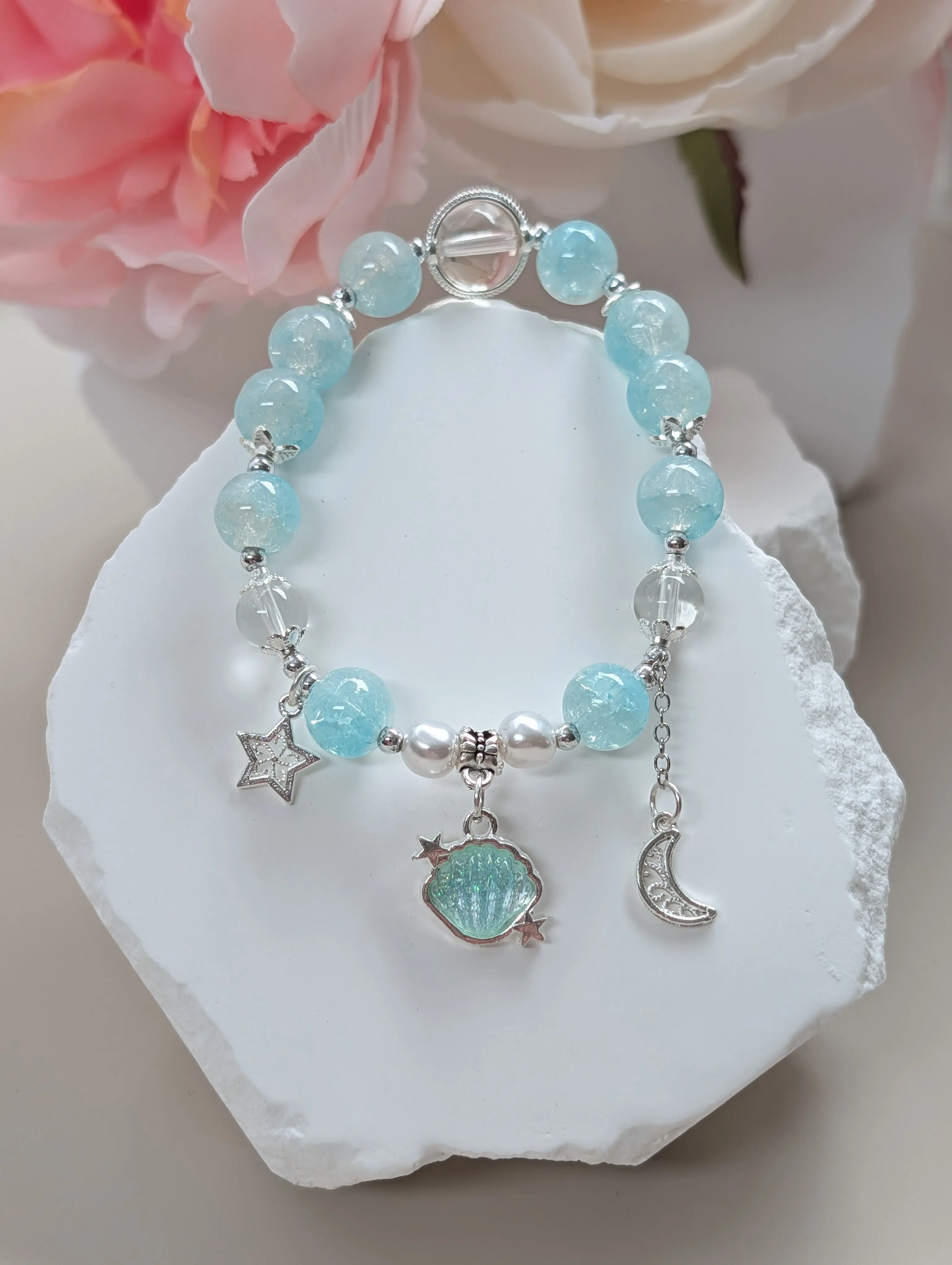 Artisanal Glass Bead Bracelet with Seafoam Shell & Starry Charms, Eco-Friendly Unisex Accessory for Casual Daily Wear, Seafoam Shell With Starry Accents, Ocean Motif Bracelets & Bangles