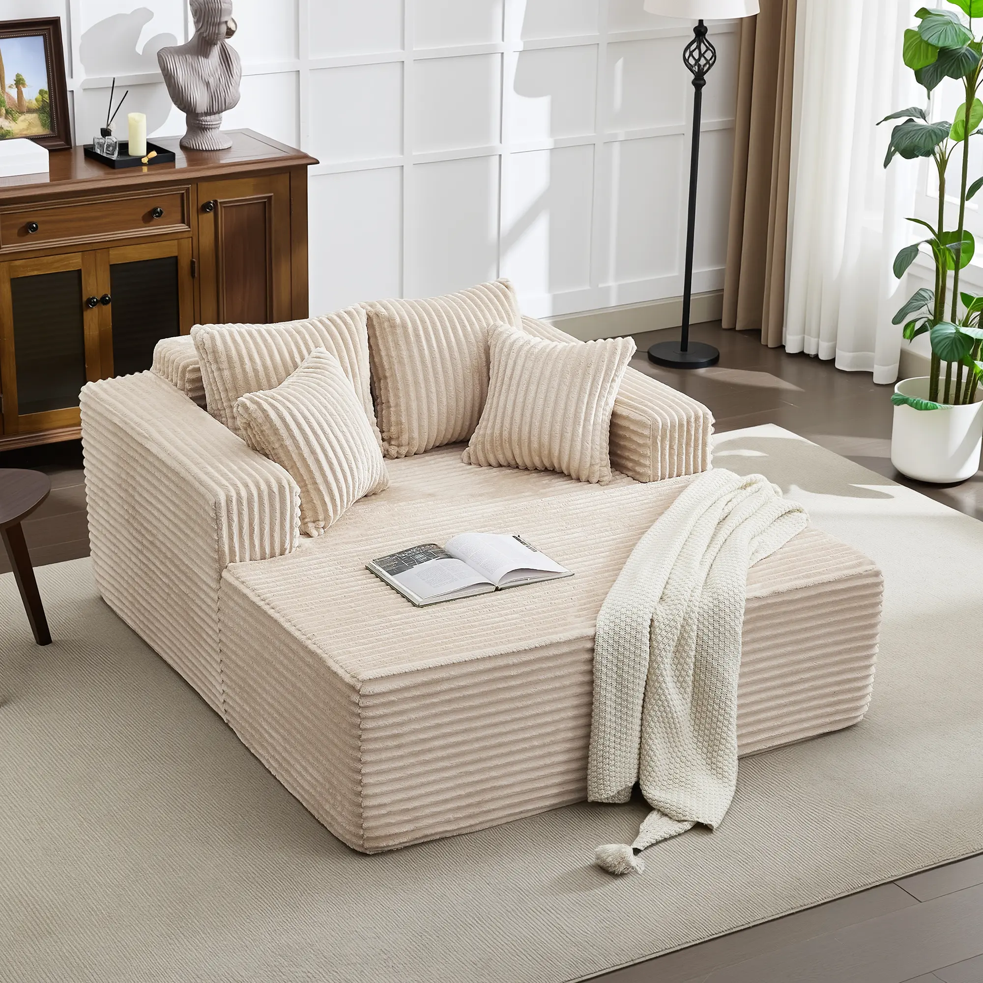 Oversized Corduroy Chaise Lounge Sleeper Sofa Bed - 16-inch Thick Cushion, High Density Foam, 4 Pillows Included, Extra-Plush, Armrests, Fully Assembled, Comfy Boneless Deep Seat Indoor Bed Furniture
