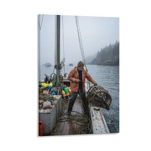 1pc HD Printed Frameless Canvas Art, Realistic Fisherman & Lobster Trap on Fishing Boat, Misty Sea Nautical Scene, Rustic Natural Tones, Wall Decor for Home (Living Room, Bedroom, Office, Cafe)