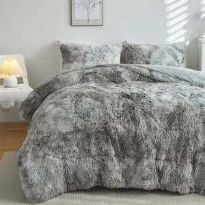 Faux Fur Plush Tie Dye Grey White Comforter Set Fluffy Fuzzy Shaggy Bedding Set - 3PC King Size Microfiber Soft Warm Quilt Set