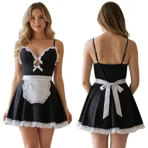 Women s Sexy French Maid Costume Lace Trim Decorative Bows Mini Dress Thong and Apron 3 Piece Set for Role Play and Cosplay
