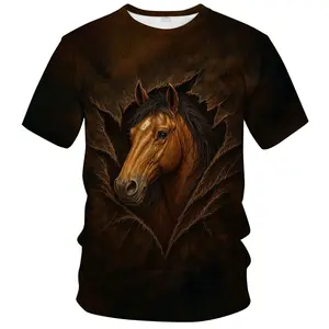 Unisex 3D Horse Print T-Shirt, Realistic Brown Horse Breaking Through Textured Fabric Design, Casual Daily Top for Horse Enthusiasts, Ideal for Casual Outings & Everyday Comfort