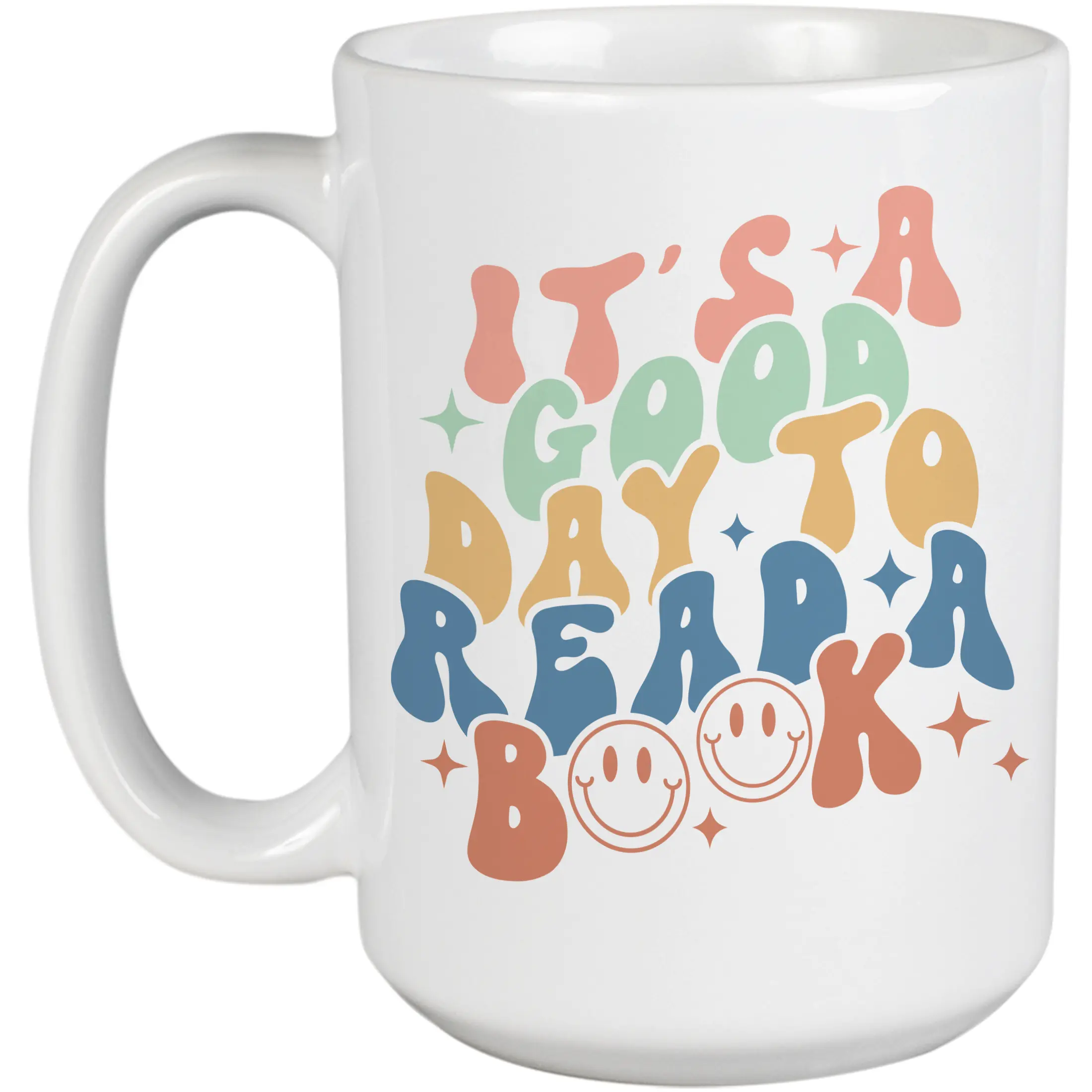 It's a Good Day to Read a Book, Retro Groovy Wavy Text Art Merch Gift, White 15oz Ceramic Mug