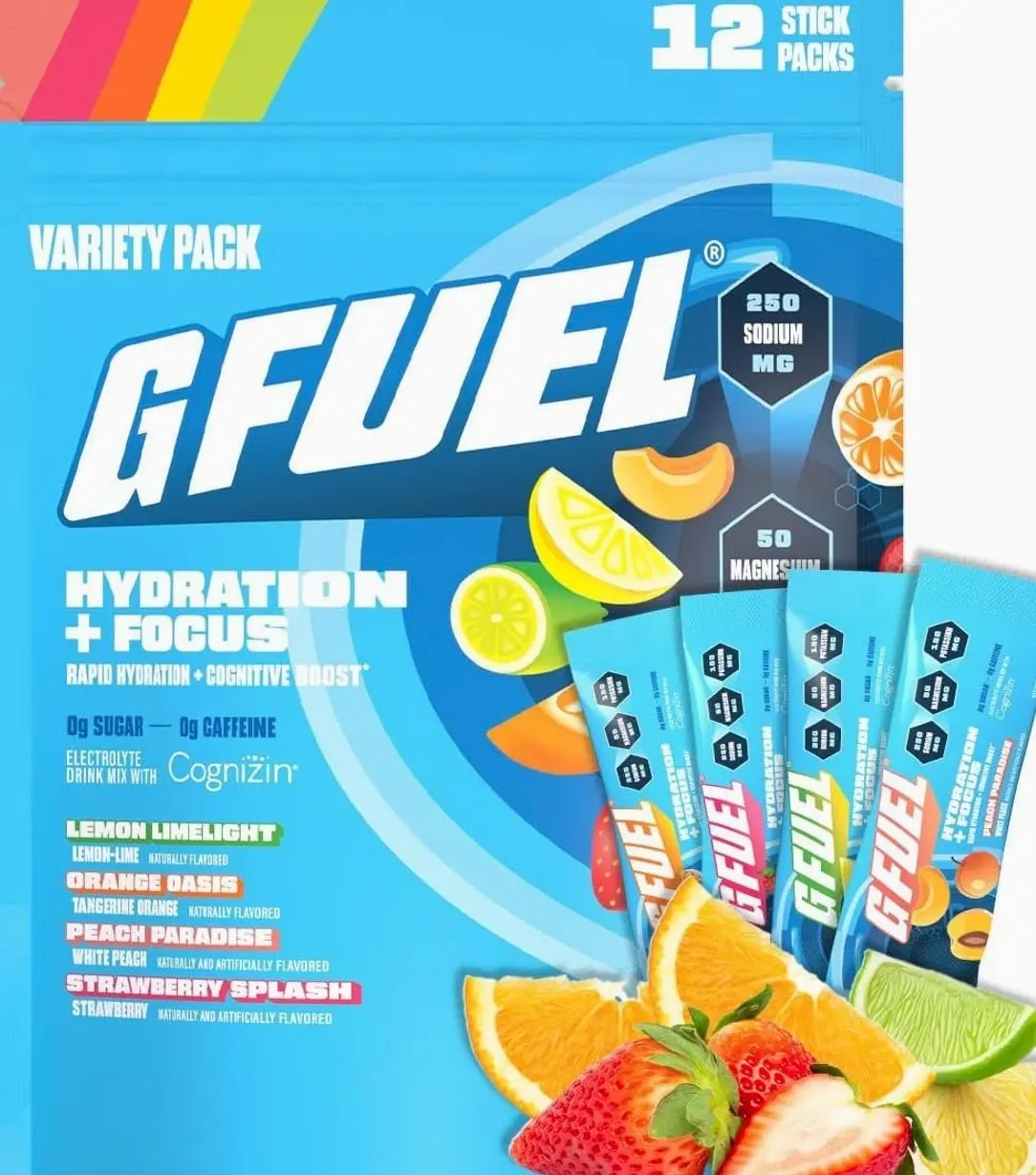 G Fuel Electrolytes Powder for Instant Hydration and Focus | Sugar Free Electrolytes Variety Pack of Lemon, Orange, Peach, Strawberry, Nootropic Drink Mixes to Sharpen Mental Focus, 12 Servings