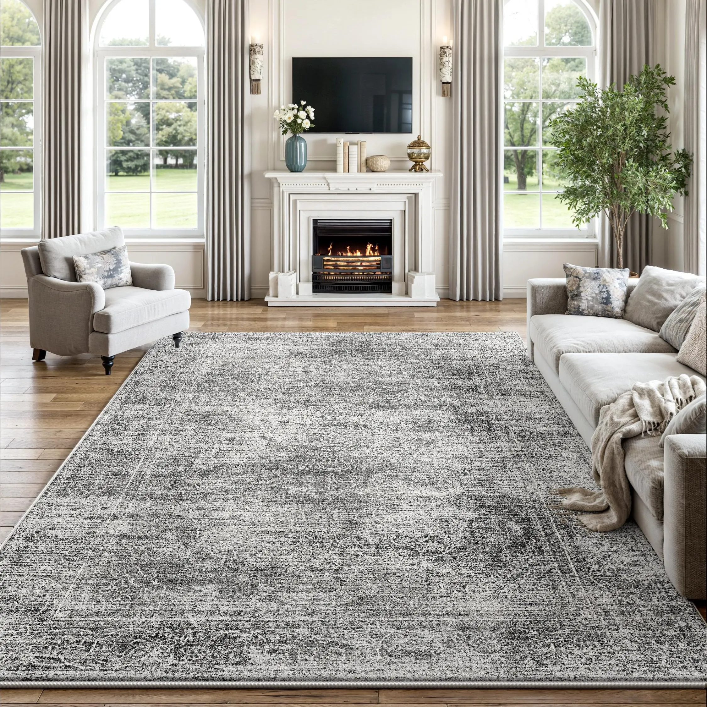 RUGIXE Washable Area Rug 8x10 6x9 5x7 for Living Room, Gray Persian Distressed Medallion Vintage Rug, Heavyweight Ultra Soft Faux Cashmere Low Pile Area Rug with Non Slip TPR Backing, Foldable Machine Washable Rug for Bedroom Dining Room