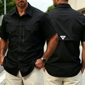 Men’s tactical cargo short-sleeve shirt, quick-dry breathable button-up with multiple zippered pockets, wrinkle-resistant slim fit workwear for outdoor hiking camping streetwear and everyday casual wear