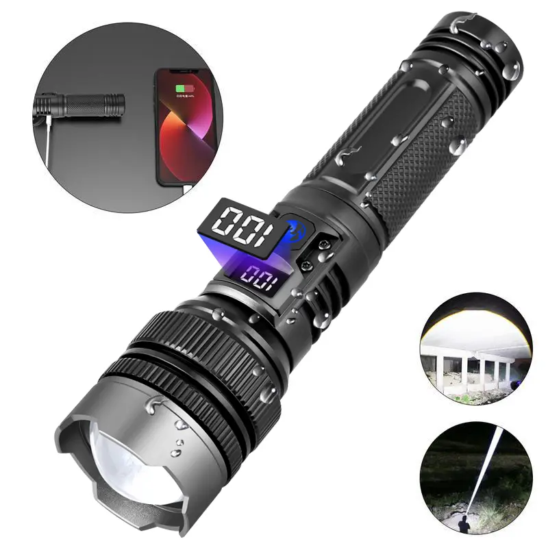 2-in-1 Strong Flashlight (Power Bank), Digital display ofpower, Rechargeable, Zoomable,, X4Waterproof,Adjustable Brightness Flash Light for Outdoor, Emergency,Camping Accessories, Black TiktokShopSpringGlowUp Lighting