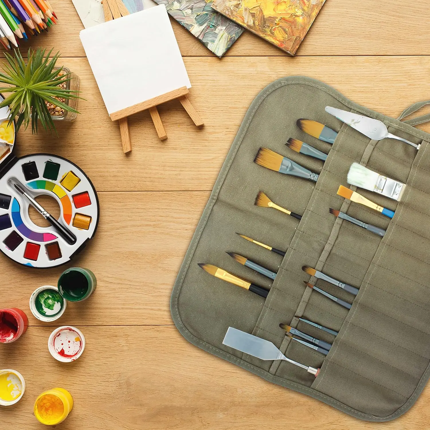 Deluxe Canvas Art Paint Brush Holder & Storage Organizer Roll-Up Case Bag - 24 Slot Pockets Carry Pouch - Protect Artist Acrylic Oil Watercolor Paintbrushes - Store Pencils, Pens Tools