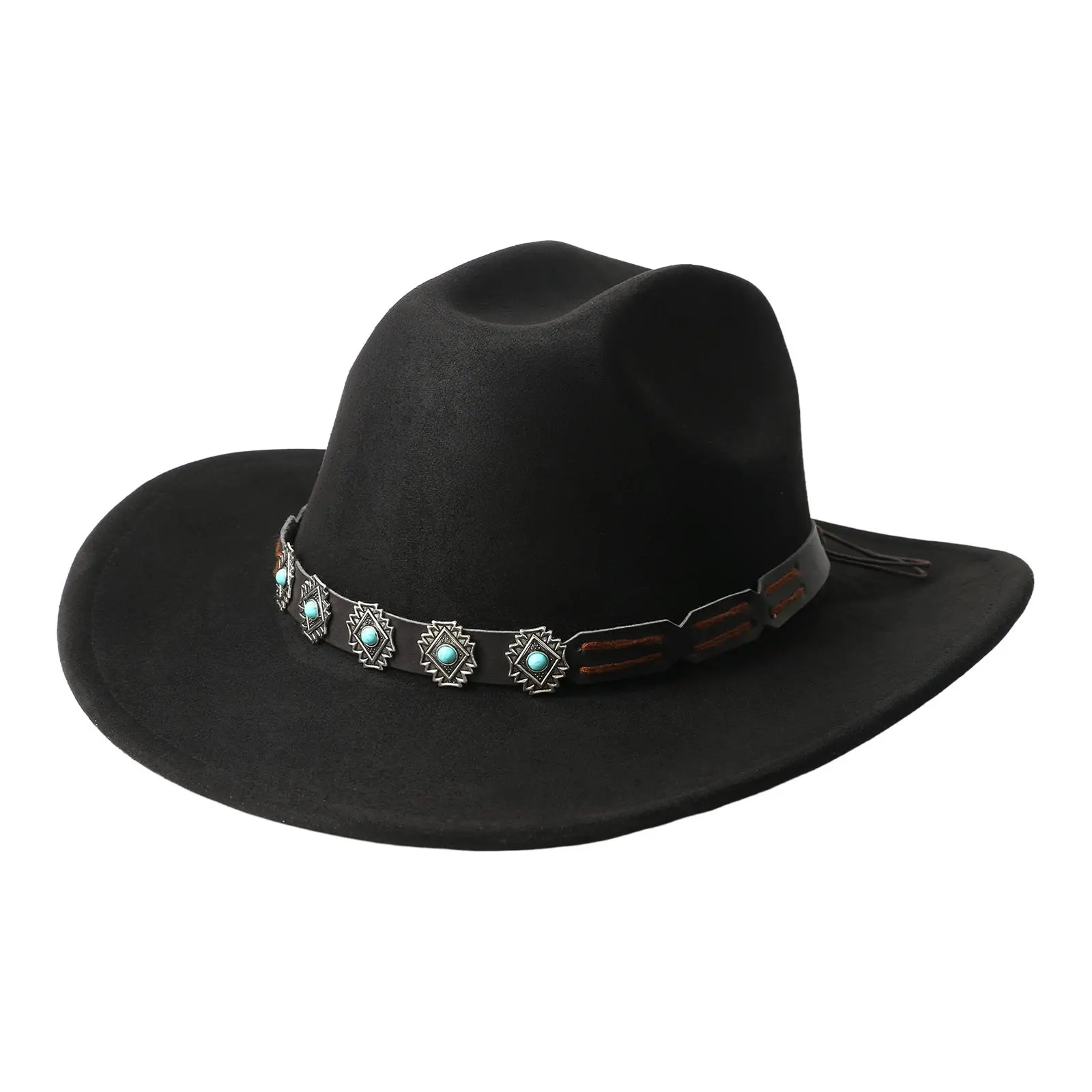 OIDEA Unisex Wide Brim Western Fedora Hat Accessory - Vintage Cowboy Look Polyester Hat with Turquoise Band and Curved Brim,summervibes Black Hat Casual Outdoor Hat summerwins