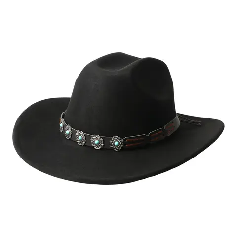 OIDEA Unisex Wide Brim Fedora Black Hat - Vintage Western Cowgirl Cowboy Style Lightweight Polyester Hat with Turquoise Band, Casual Outdoor Country Concert Accessory