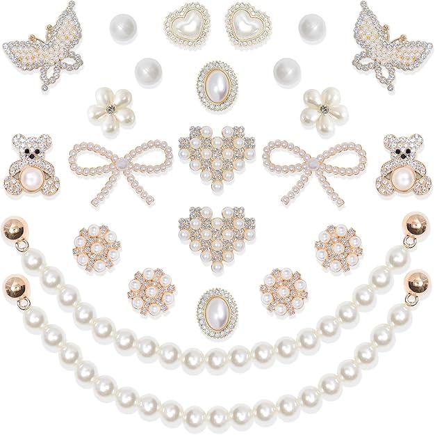 24 Pcs Shoe Charms Chain Accessories for Women Pearl Flower Clog Shoe Decoration Charms Rhinestone Shoes Charms Bling Cute Decor for Party Birthday