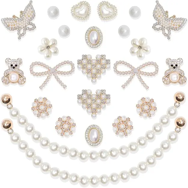 24 Pcs Shoe Charms Chain Accessories for Women Pearl Flower Clog Shoe Decoration Charms Rhinestone Shoes Charms Bling Cute Decor for Party Birthday