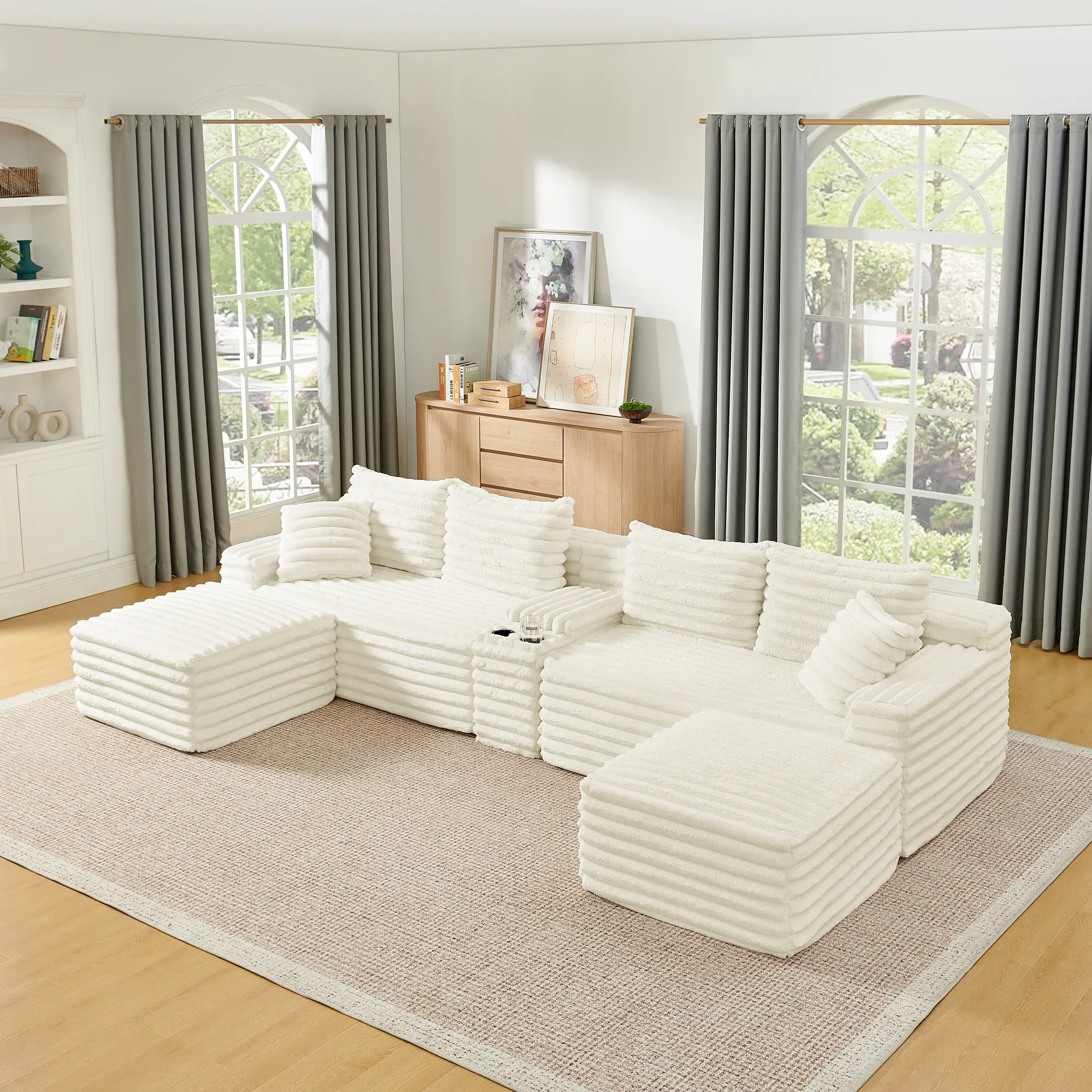 Modular 6-Seat U-Shaped Cloud Couch Sectional with Storage Ottoman, Cup Holders, USB Ports, Corduroy, Beige, No Assembly