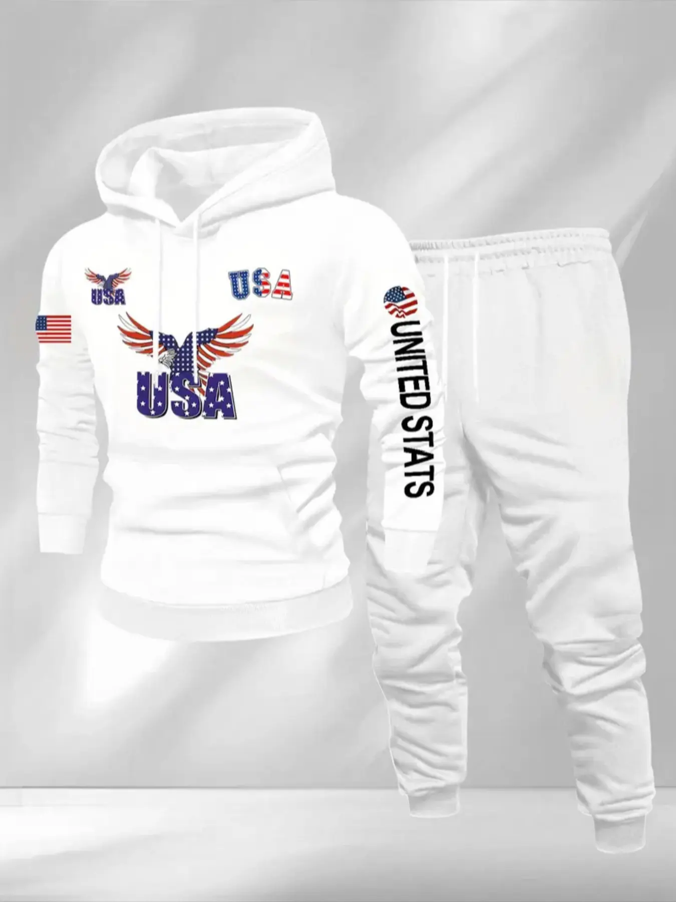 Men's Fall Winter American Letter Print Long Sleeve Hoodie Matching Outfits Set, Casual Fitted Style, Perfect for Daily Wear and Fashion, Comfortable and Stylish