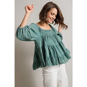 Easel Mineral Wash Tier Crop Top - Teal